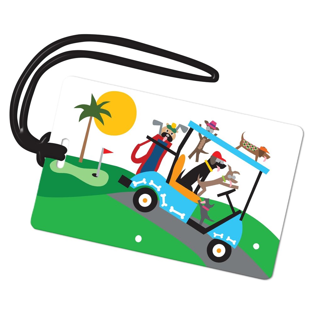 R. Nichols Doggie Golfers Luggage Tag - Sturdy Waterproof Plastic Travel Labels for Baggage, Suitcases, Backpacks, and Diaper Bags, 2.5 Inch x 4 Inch Tag with Black Loop Attachments