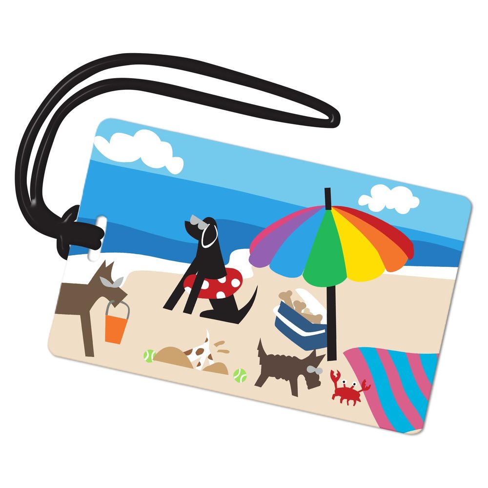 R. Nichols Doggie Beach Bums Luggage Tag - Sturdy Waterproof Plastic Travel Labels for Baggage, Suitcases, Backpacks, and Diaper Bags, 2.5 Inch x 4 Inch Tag with Black Loop Attachments