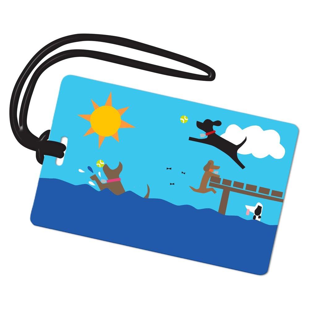 R. Nichols Dogs in Lake Luggage Tag - Sturdy Waterproof Plastic Travel Labels for Baggage, Suitcases, Backpacks, and Diaper Bags, 2.5 Inch x 4 Inch Tag with Black Loop Attachments
