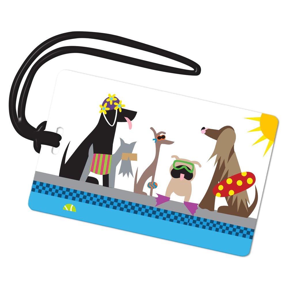 R. Nichols Doggie Swim Party Luggage Tag - Sturdy Waterproof Plastic Travel Labels for Baggage, Suitcases, Backpacks, and Diaper Bags, 2.5 Inch x 4 Inch Tag with Black Loop Attachments