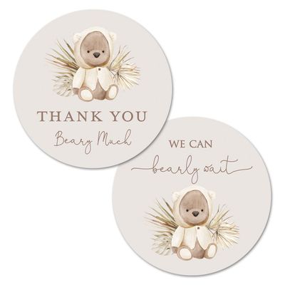2"" Round Boho Bear Baby Shower Thank You Favor Stickers - Set of 40 (Neutral)