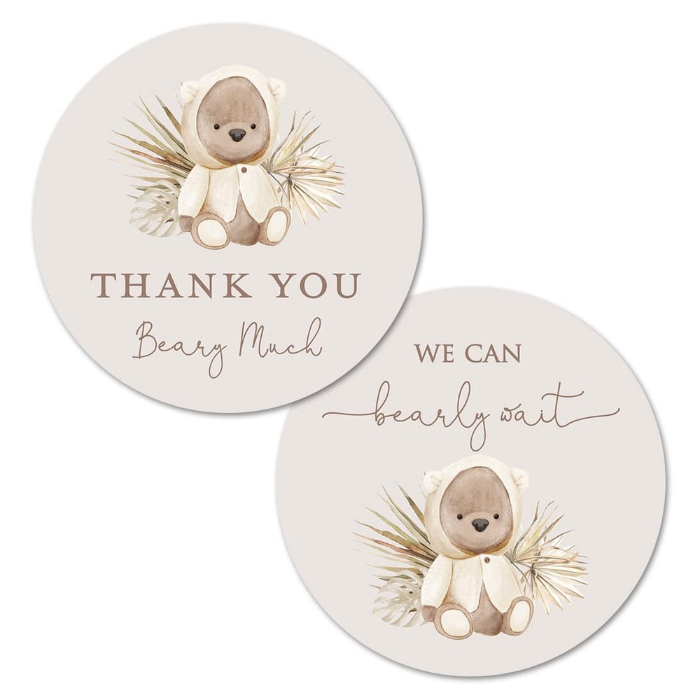 2"" Round Boho Bear Baby Shower Thank You Favor Stickers - Set of 40 (Neutral)