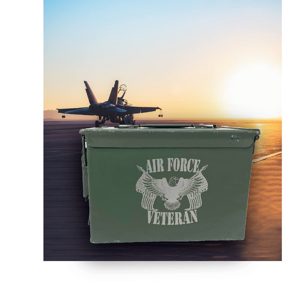 Ammo Can Man | Laser Engraved Air Force Veteran | Grade 1 Military Ammo Can | 30 Cal, 50 Cal or Fat 50 with Locking Kit Option (50 Cal - Engraved - Air Force Veteran)
