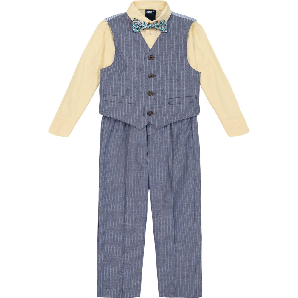 IZOD Boys 4-Piece Vest with Collared Dress Shirt, Tie, and Business Suit Pants Set, Navy Pinstripe, 2T US
