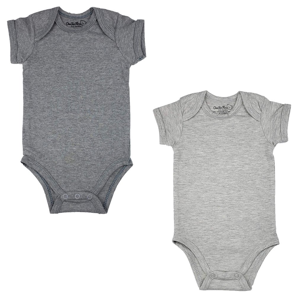123 Bear Baby Cotton Spandex Infant Bodysuits Long Sleeve and Short Sleeve (Gray 2-Pack Short Sleeve, 6-12 Months)