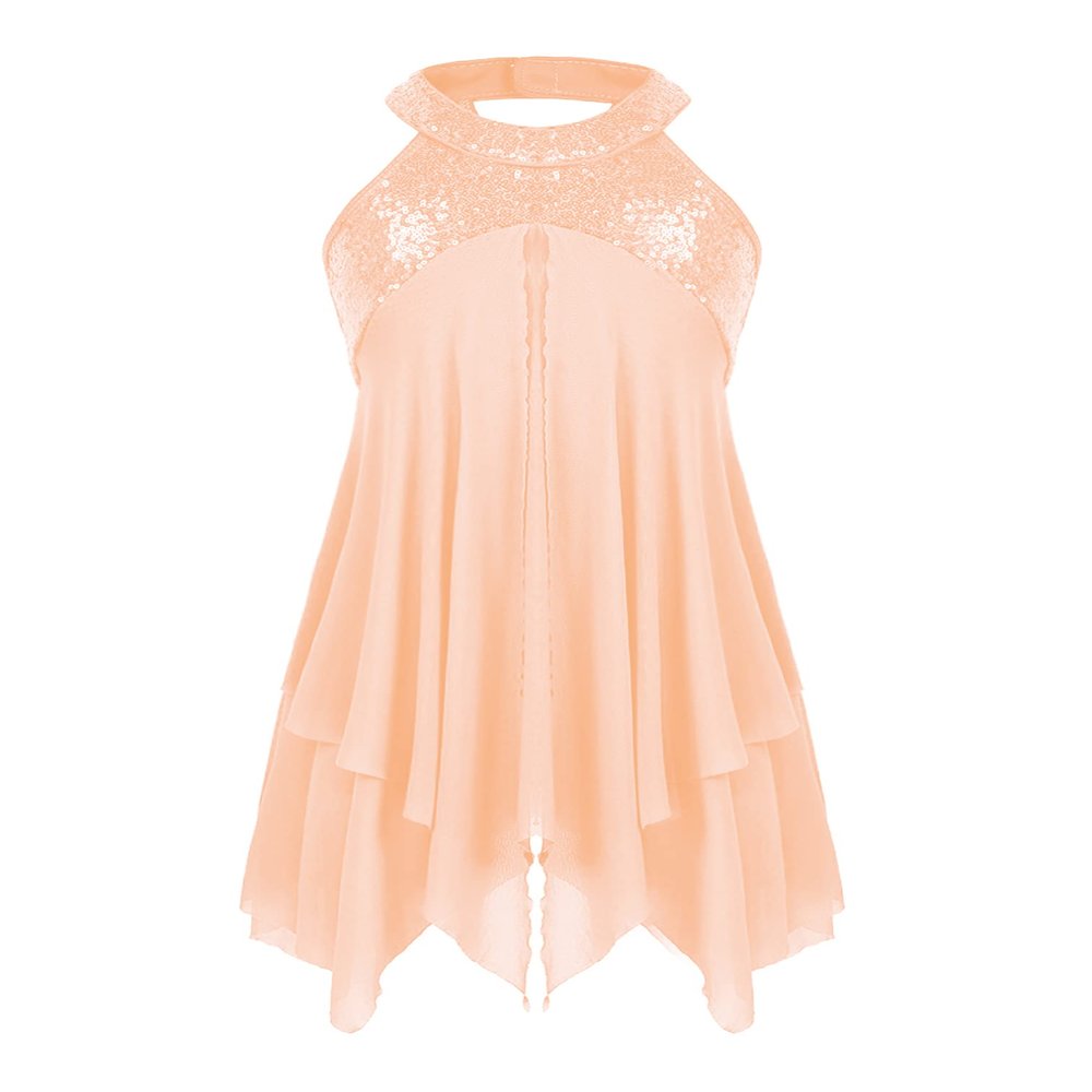 Agoky Kids Girls Halter Sequins Criss Cross Back Lyrical Ballet Dance Dress Skating Leotard Dress Modern Ballroom Dancewear Coral Pink 6