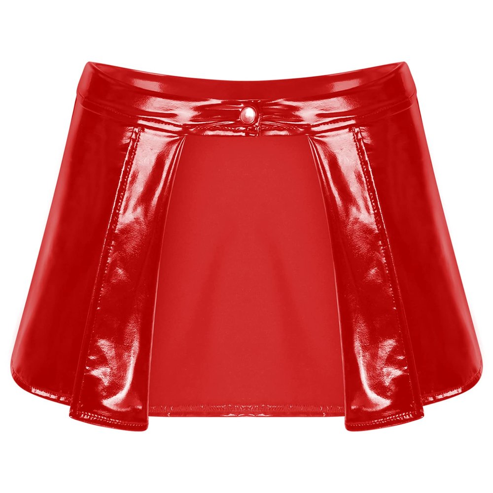 easyforever Women's Shiny Flared Pleated Mini Skater Skirt Leather Open Front Wetlook PVC Skirts Red X-Large