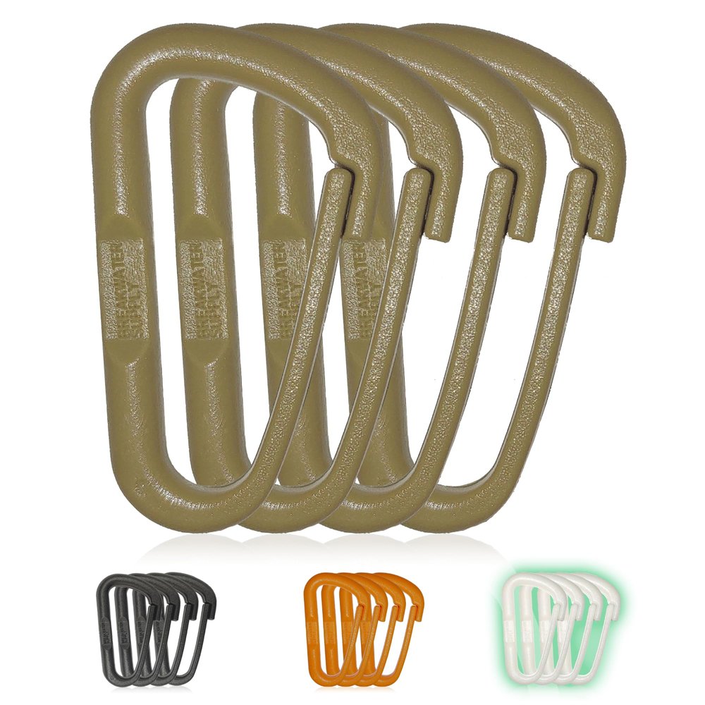 Breakwater Supply Hingeless Carabiner Hooks 4 Pack, Small 2-inch Gear Attachment Clips for Backpack, Keys, Keychain, Water Bottle, MOLLE, Ultralight, Tactical, D-Ring, Non-Corrosive, D-Shape (Tan)
