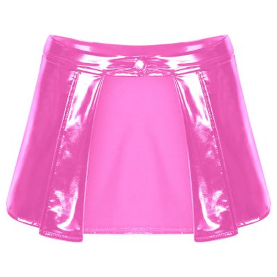 easyforever Women's Shiny Flared Pleated Mini Skater Skirt Leather Open Front Wetlook PVC Skirts Hot Pink 4X-Large