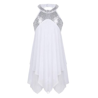 Agoky Kids Girls Halter Sequins Criss Cross Back Lyrical Ballet Dance Dress Skating Leotard Dress Modern Ballroom Dancewear White 16
