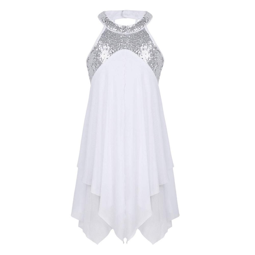 Agoky Kids Girls Halter Sequins Criss Cross Back Lyrical Ballet Dance Dress Skating Leotard Dress Modern Ballroom Dancewear White 16