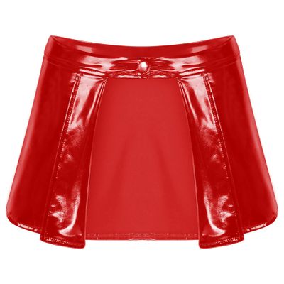 easyforever Women's Shiny Flared Pleated Mini Skater Skirt Leather Open Front Wetlook PVC Skirts Red 3X-Large
