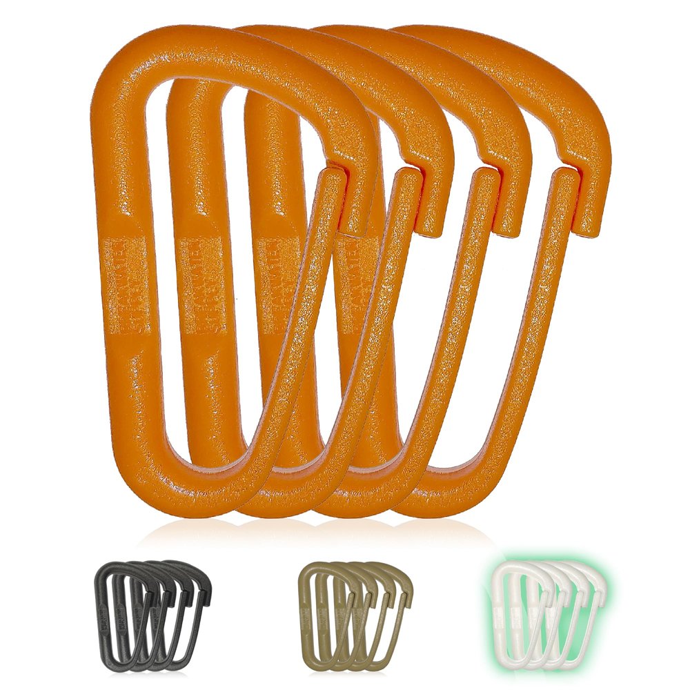Breakwater Supply Hingeless Carabiner Hooks 4 Pack, Small 2-inch Gear Attachment Clips for Backpack, Keys, Keychain, Water Bottle, MOLLE, Ultralight, Tactical, D-Ring, Non-Corrosive, D-Shape (Orange)