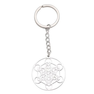UNIFT Metatron's Cube Keychain For Women Men Stainless Steel Sacred Geometry Hexagram Round Spiritual Keychain Amulet Jewelry (sliver 2)