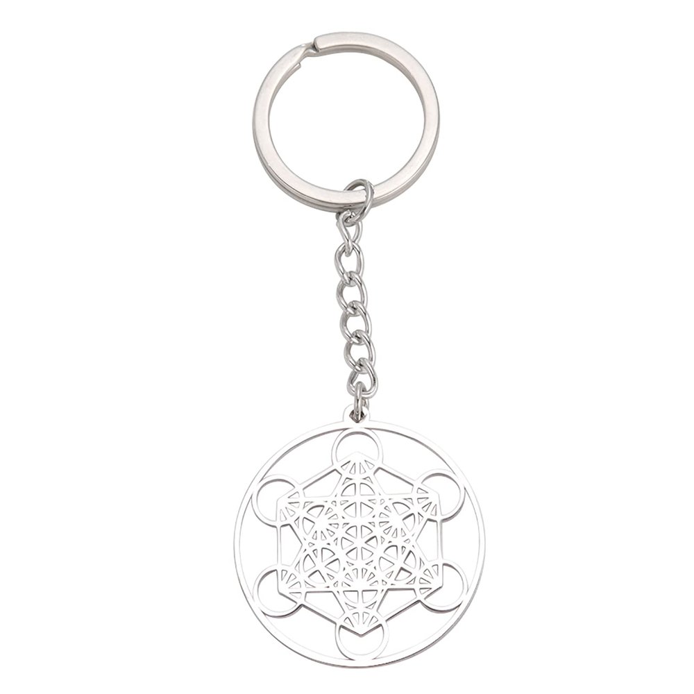 UNIFT Metatron's Cube Keychain For Women Men Stainless Steel Sacred Geometry Hexagram Round Spiritual Keychain Amulet Jewelry (sliver 2)