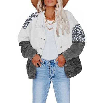 JEsilunmaMY Women's Patchwork Corduroy Jacket Lapel Button Down Camo Printed Shirts Casual Loose Fall Cardigan Shacket Coats (Grey,X-Large)