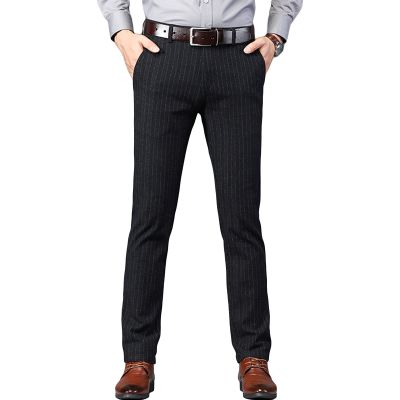 DGHM-JLMY Men Casual Fashion Striped Business Long Trouser Dress Striped Pant Slim Fit Flat Front Trousers Retro Tapered Pant (Black,30)