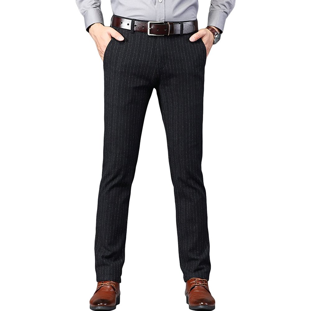 DGHM-JLMY Men Casual Fashion Striped Business Long Trouser Dress Striped Pant Slim Fit Flat Front Trousers Retro Tapered Pant (Black,30)