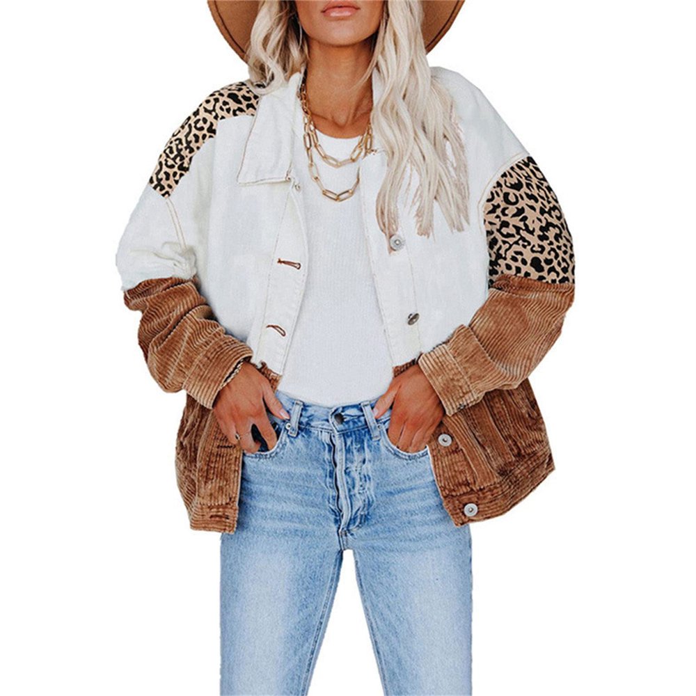JEsilunmaMY Women's Patchwork Corduroy Jacket Lapel Button Down Camo Printed Shirts Casual Loose Fall Cardigan Shacket Coats (Brown2,X-Large)