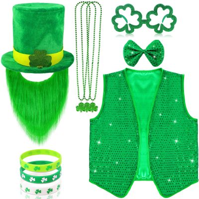 10 Pcs St Patrick's Day Costume Set Shamrock Hat with Faux Mustache St. Patrick Vest Sequin Bow Tie Beaded Shamrock Necklaces Bracelets Shamrock Shaped Glasses for Irish Party Decor (Large)