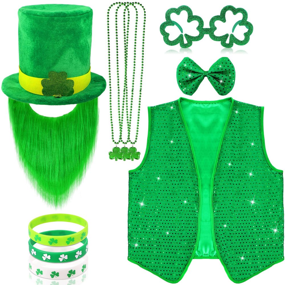10 Pcs St Patrick's Day Costume Set Shamrock Hat with Faux Mustache St. Patrick Vest Sequin Bow Tie Beaded Shamrock Necklaces Bracelets Shamrock Shaped Glasses for Irish Party Decor (Large)