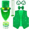 10 Pcs St Patrick's Day Costume Set Shamrock Hat with Faux Mustache St. Patrick Vest Sequin Bow Tie Beaded Shamrock Necklaces Bracelets Shamrock Shaped Glasses for Irish Party Decor (Large) view 1