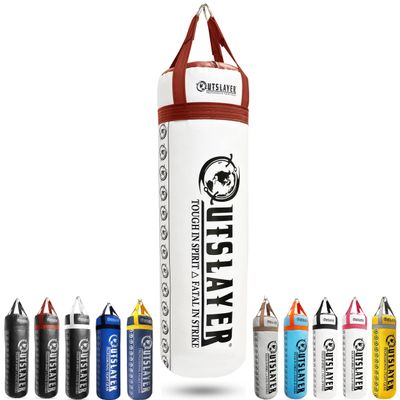 Outslayer 80 Pound Filled Punching Bag Boxing and MMA Made in USA (White/Red) - with D-Ring