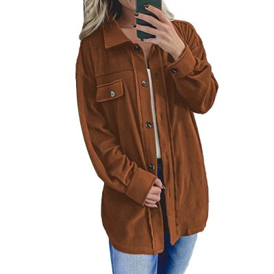 JEsilunmaMY Fall Shirt Jacket for Women Long Sleeve Button Down Cardigan Shacket Coats Solid Color Loose Oversized Outwear (Caramel,XX-Large)