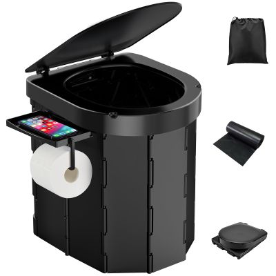PAHTTO Portable Foldable Toilet for Adults with Detachable Phone Shelf and Paper Holder, Waterproof Porta Potty with Lid for Camping, Hiking, Long Road Trips, Car, Black