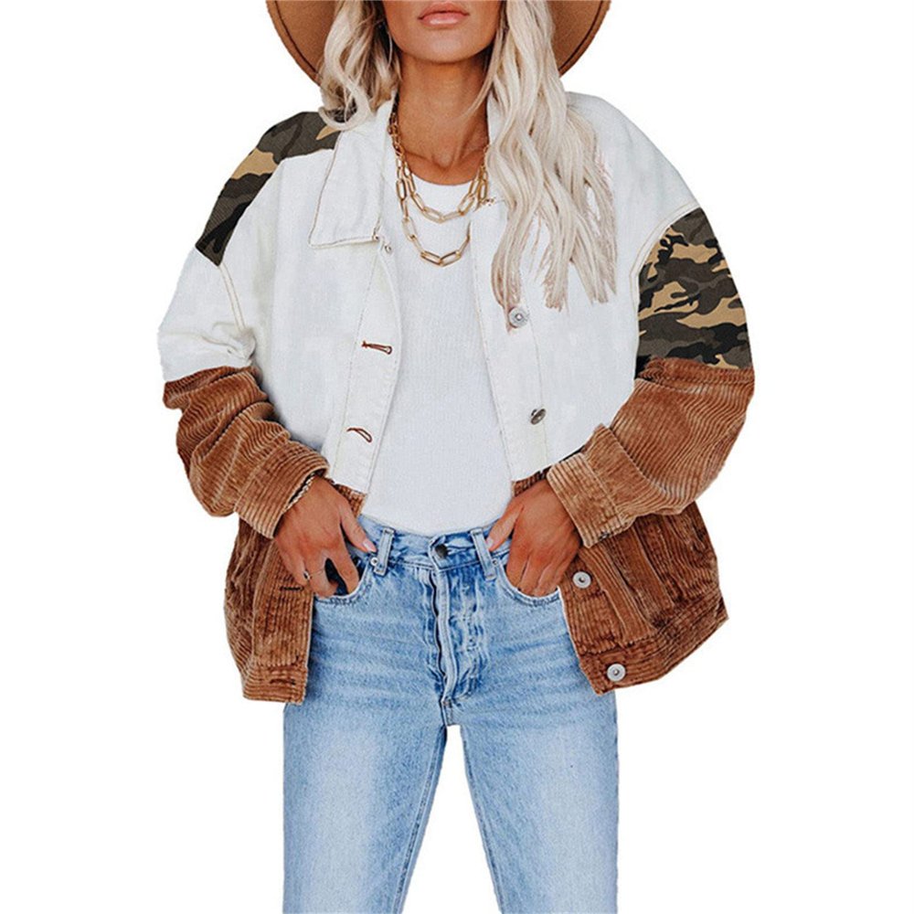 JEsilunmaMY Women's Patchwork Corduroy Jacket Lapel Button Down Camo Printed Shirts Casual Loose Fall Cardigan Shacket Coats (Brown1,3X-Large)