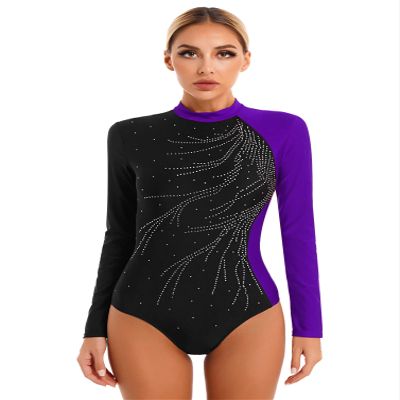 YONGHS Women's Long Sleeve Ballet Dance Gymnastics Leotard Glitter Rhinestone Color Block Athletic Bodysuit Jumpsuit Purple Medium