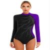YONGHS Women's Long Sleeve Ballet Dance Gymnastics Leotard Glitter Rhinestone Color Block Athletic Bodysuit Jumpsuit Purple Medium view 1