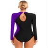 YONGHS Women's Long Sleeve Ballet Dance Gymnastics Leotard Glitter Rhinestone Color Block Athletic Bodysuit Jumpsuit Purple Medium view 2