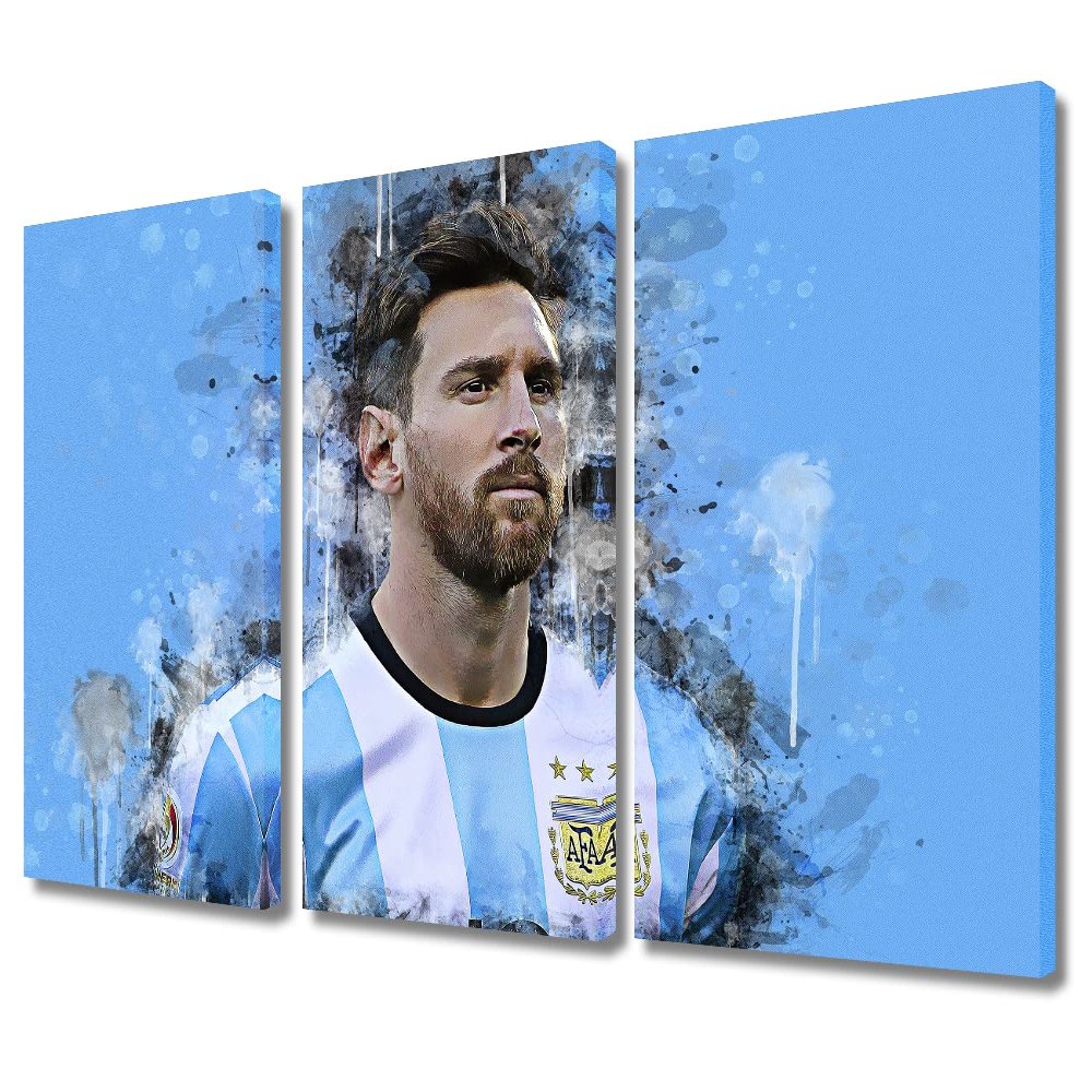Canvas Wall Art for Living Room Messi Portrait Canvas Art Prints World Cup Soccer Abstract Paintings Canvas Art 3 Panels, Modern Artwork Wall Hanging Wooden Framed Decorations for Home 36x24 in