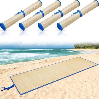 Qunclay 4 Packs Straw Beach Mat Waterproof Non Slip Straw Mat Foldable Lightweight Picnic Mat with Trim for Camping Sunbathing Picnic Floor Yoga(Blue, 70 x 24 Inch)