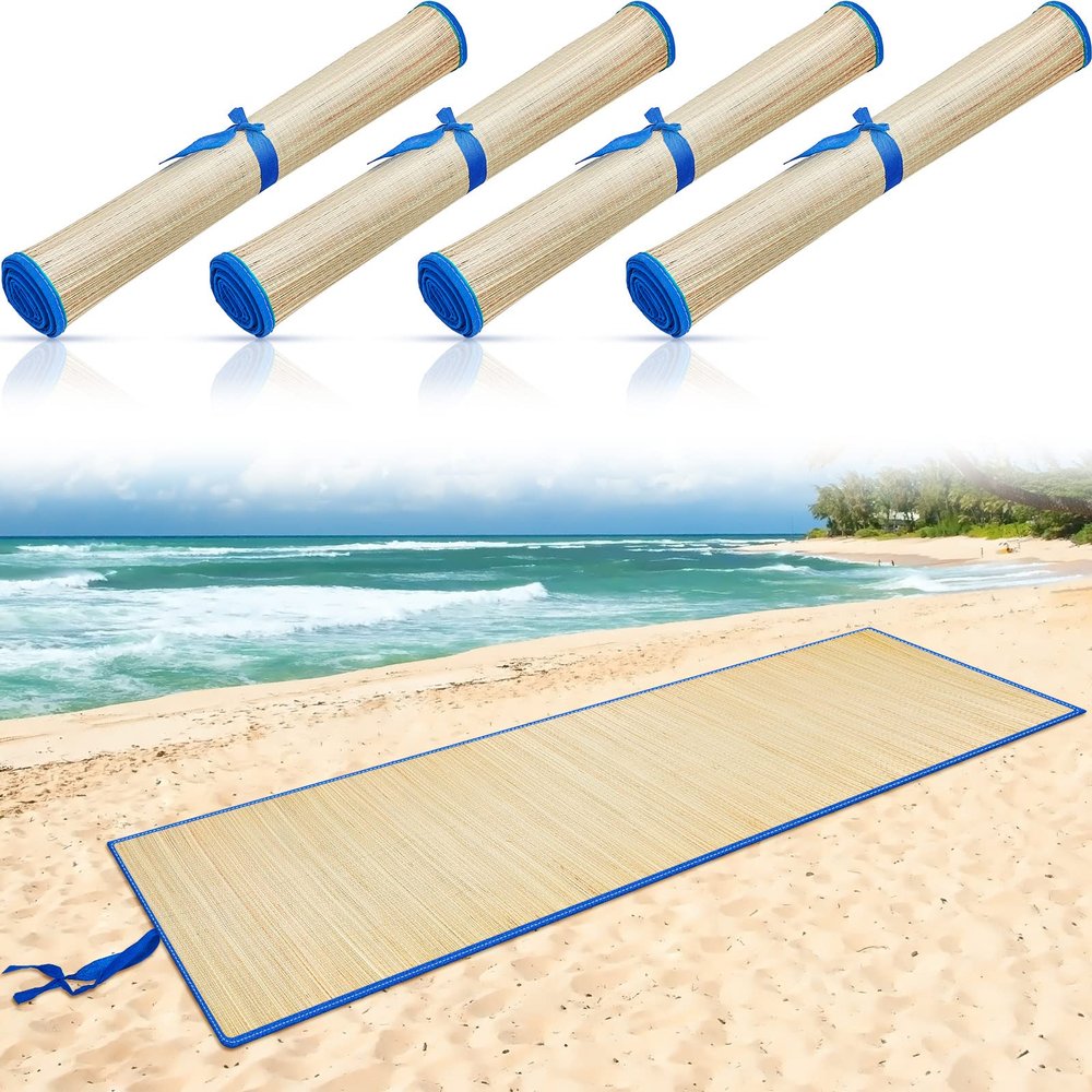 Qunclay 4 Packs Straw Beach Mat Waterproof Non Slip Straw Mat Foldable Lightweight Picnic Mat with Trim for Camping Sunbathing Picnic Floor Yoga(Blue, 70 x 24 Inch)