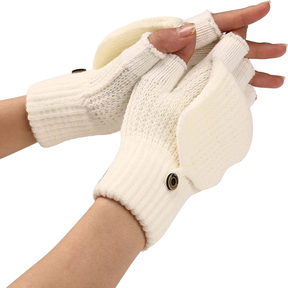 SCAPH Winter Knit Convertible Fingerless Gloves Wool Gloves Thermal Gloves Unisex Women Mittens (Color : White-1, Size : Medium)