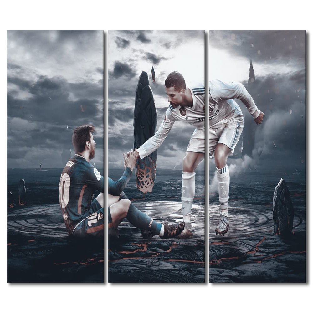 Canvas Wall Art Ready to Hang Ronaldo Pictures Print On Canvas Soccer Star Messi Posters and Prints 3 Panels Modern Artwork for Home Walls Home Decorations Canvas Wall Art for Living Room 60x40 in