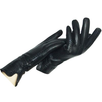 Black Thick Bow Leather Gloves Women's Leather Gloves Winter and Autumn Ladies Fashion Warm Leather Gloves Black 8