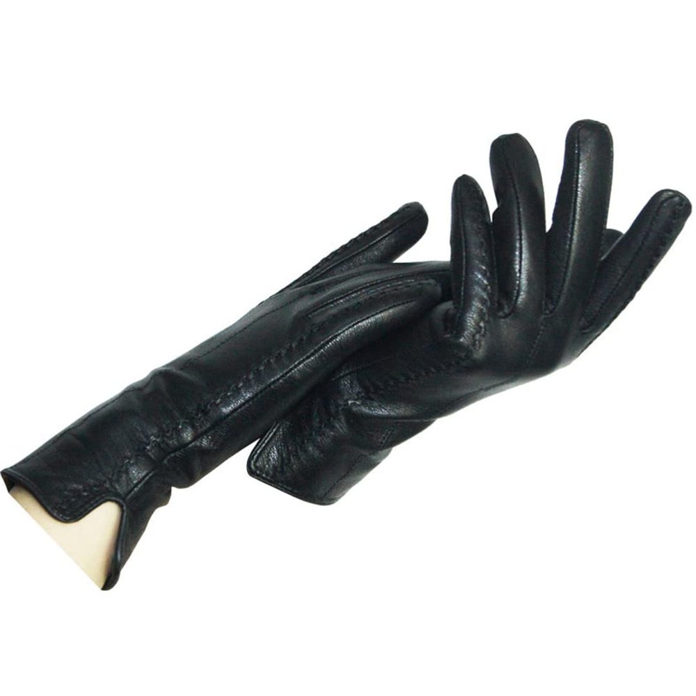 Black Thick Bow Leather Gloves Women's Leather Gloves Winter and Autumn Ladies Fashion Warm Leather Gloves Black 8