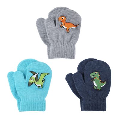 Century Star Toddler Mittens & Gloves - Magic Stretch Knitted Soft Baby Mittens 3 Pairs Dinosaur (Dark Grey, Light Grey & Sky Blue) 1-3 Years