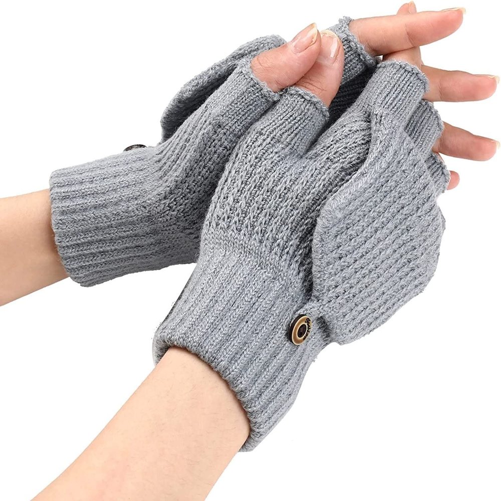 SCAPH Winter Knit Convertible Fingerless Gloves Wool Gloves Thermal Gloves Unisex Women Mittens (Color : Gy1-1, Size : Large)