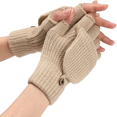 SCAPH Winter Knit Convertible Fingerless Gloves Wool Gloves Thermal Gloves Unisex Women Mittens (Color : Beige-1, Size : Large)