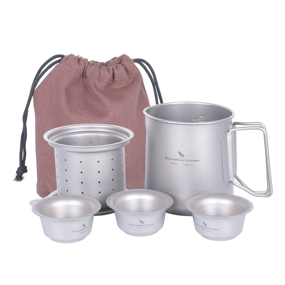 iBasingo 500ml Titanium Cup Set with 3 Small Teacups Lightweight Coffee Tea Mug Portable Easy to Store for Camping Home Caf Office Ti3126D