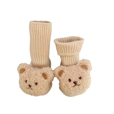 BULINGNA Cute Unisex Baby Socks - Cartoon Bear Pattern, Spring/Fall/Winter Anti Slip Long Knitting Socks, 0-12 Months (Light Khaki, 0-6 Months)