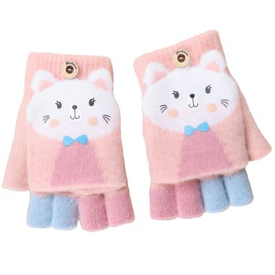 Cartoon Convertible Flip Top Gloves Toddler Kids Winter Wool Knit Fingerless Gloves with Mitten Cover for Girls Boys 2-15 Yrs (Pink Cat Kitten, For Girls boys 4-12 Years)