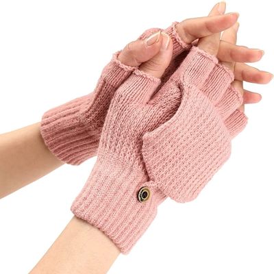 SCAPH Winter Knit Convertible Fingerless Gloves Wool Gloves Thermal Gloves Unisex Women Mittens (Color : Pink-1, Size : X-Large)