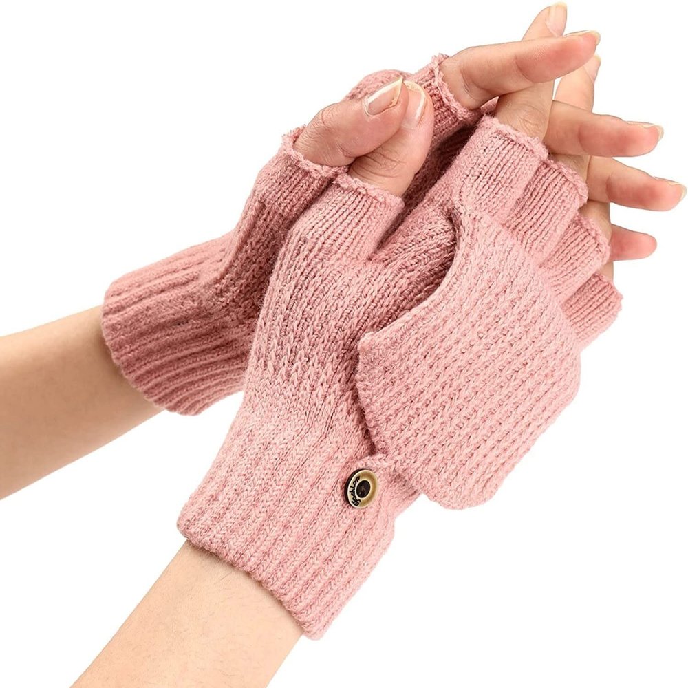 SCAPH Winter Knit Convertible Fingerless Gloves Wool Gloves Thermal Gloves Unisex Women Mittens (Color : Pink-1, Size : X-Large)