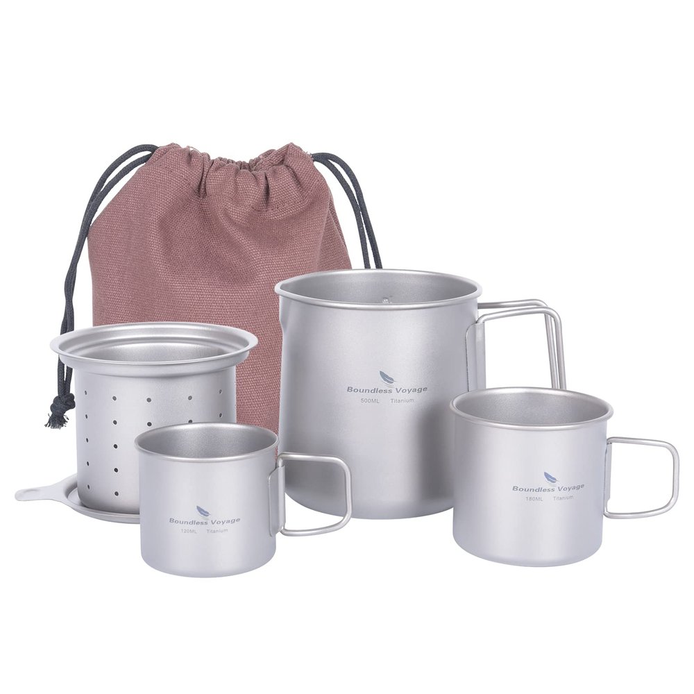 iBasingo 500ml+180ml+120ml Titanium Cup Set with Foldable Handle Lightweight Coffee Tea Mug Portable Easy to Store for Camping Home Caf Office Ti3127D