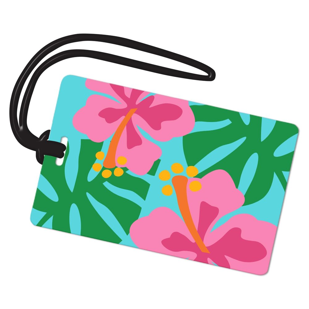 R. Nichols Hibiscus Luggage Tag - Sturdy Waterproof Plastic Travel Labels for Baggage, Suitcases, Backpacks, and Diaper Bags, 2.5 Inch x 4 Inch Tag with Black Loop Attachments